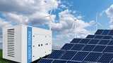 Energy storage system, a common use for lithium-ion batteries, alongside solar panel and wind turbines.