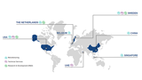 Map depicting global footprint of Nouryon Oilfield sites (manufacturing, technical services, research & development).